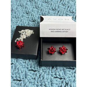 Avon Holiday Bows Necklace And Earring Giftset Silvertone Red New in Box